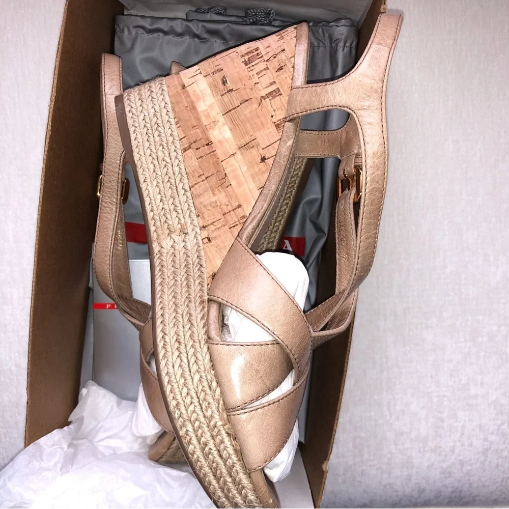 NWT Prada Tan Platform Cork Wedge Sandals New Size 38